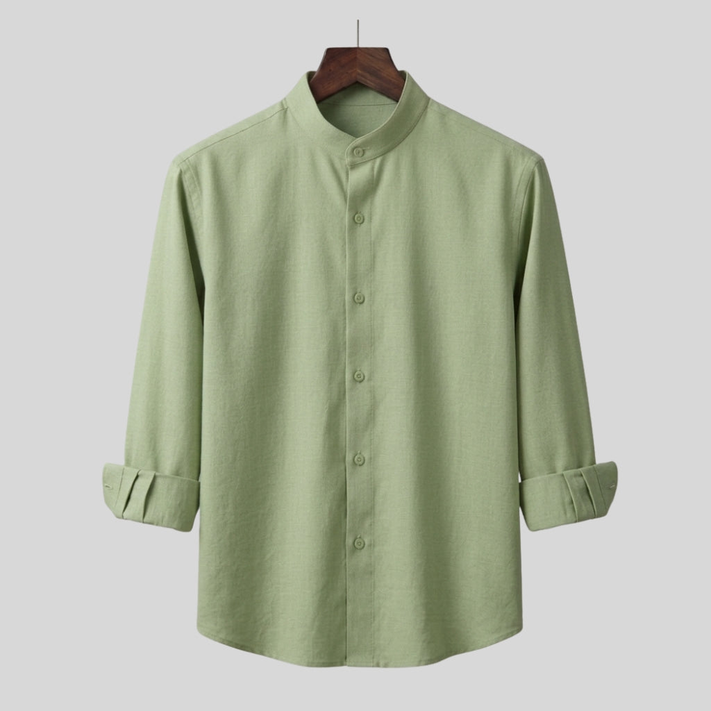Men's Sage Green Mandarin Collar Cotton Shirt