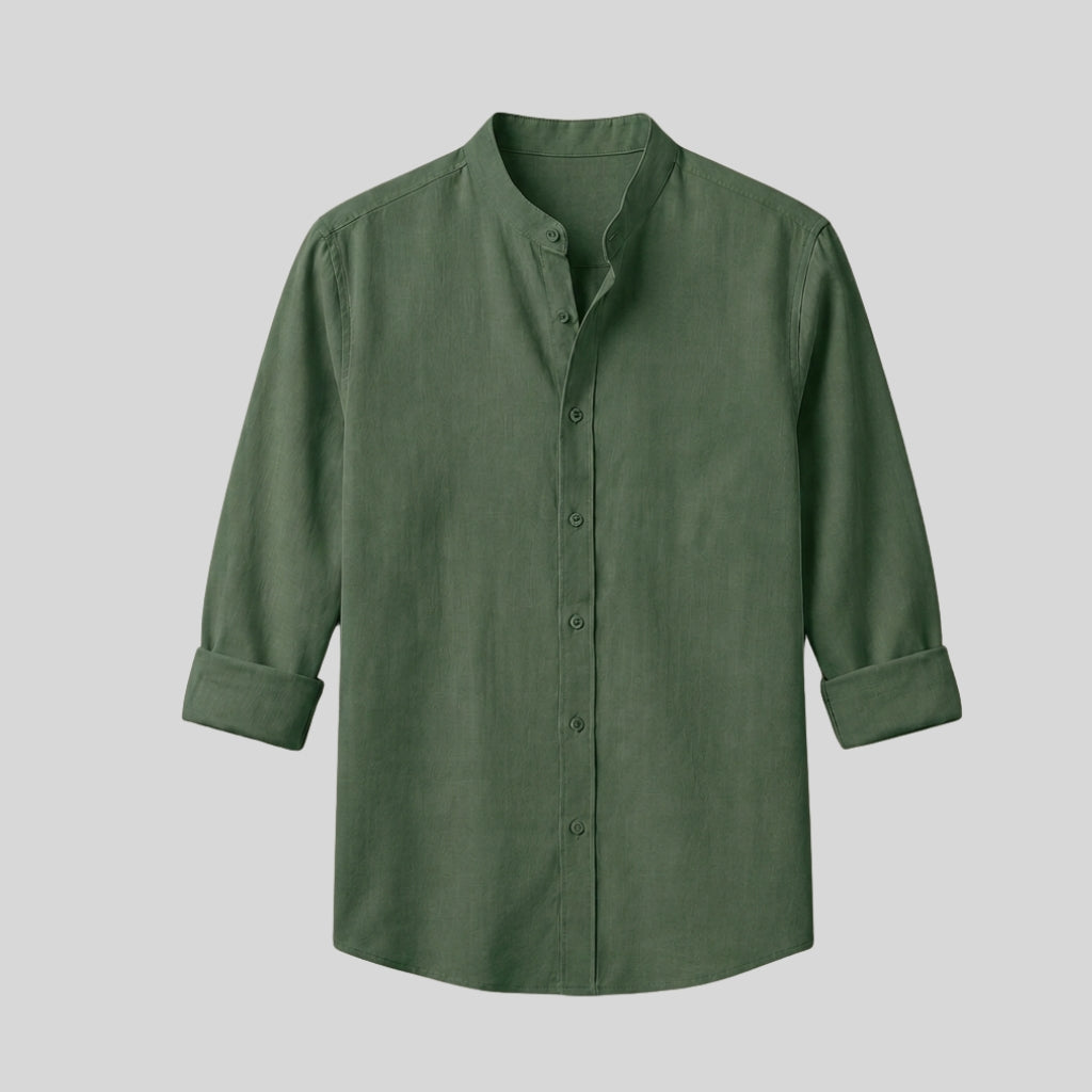 Men's Forest Green Mandarin Collar Cotton Shirt