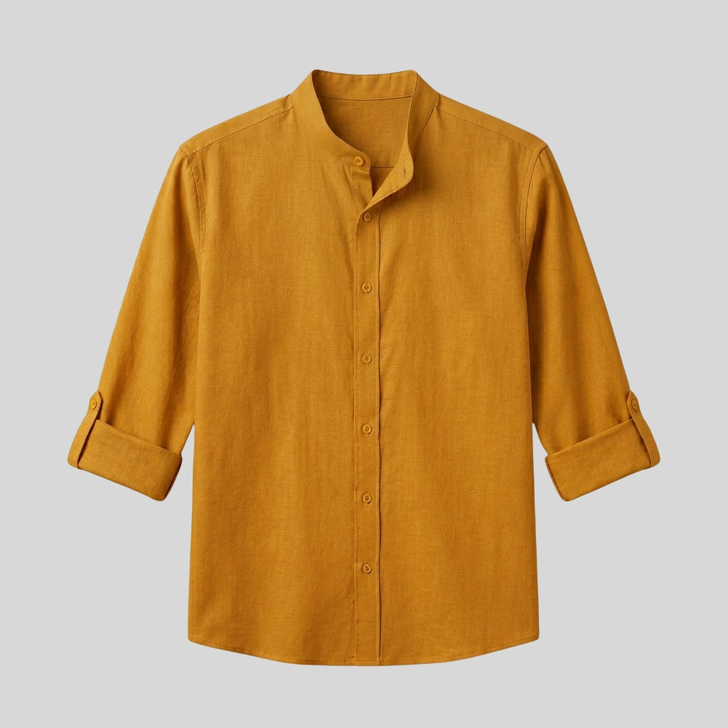 Men's Mustard Yellow Mandarin Collar Cotton Shirt