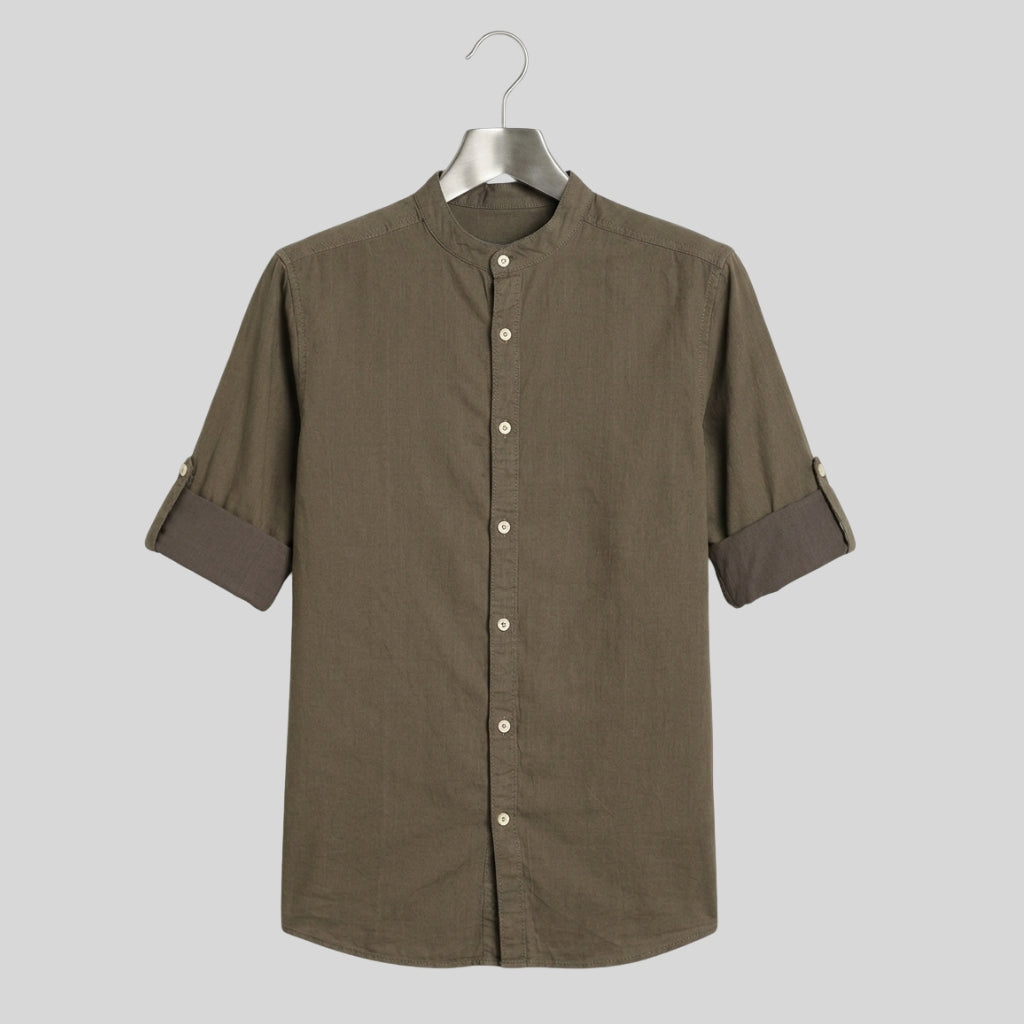 Men's Olive Green Mandarin Collar Cotton Shirt