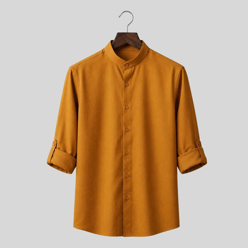 Men's Mustard Yellow Mandarin Collar Cotton Shirt