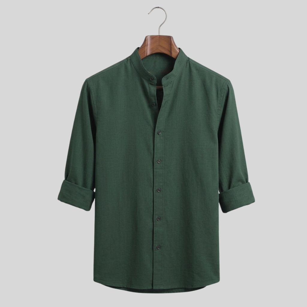Men's Forest Green Mandarin Collar Cotton Shirt