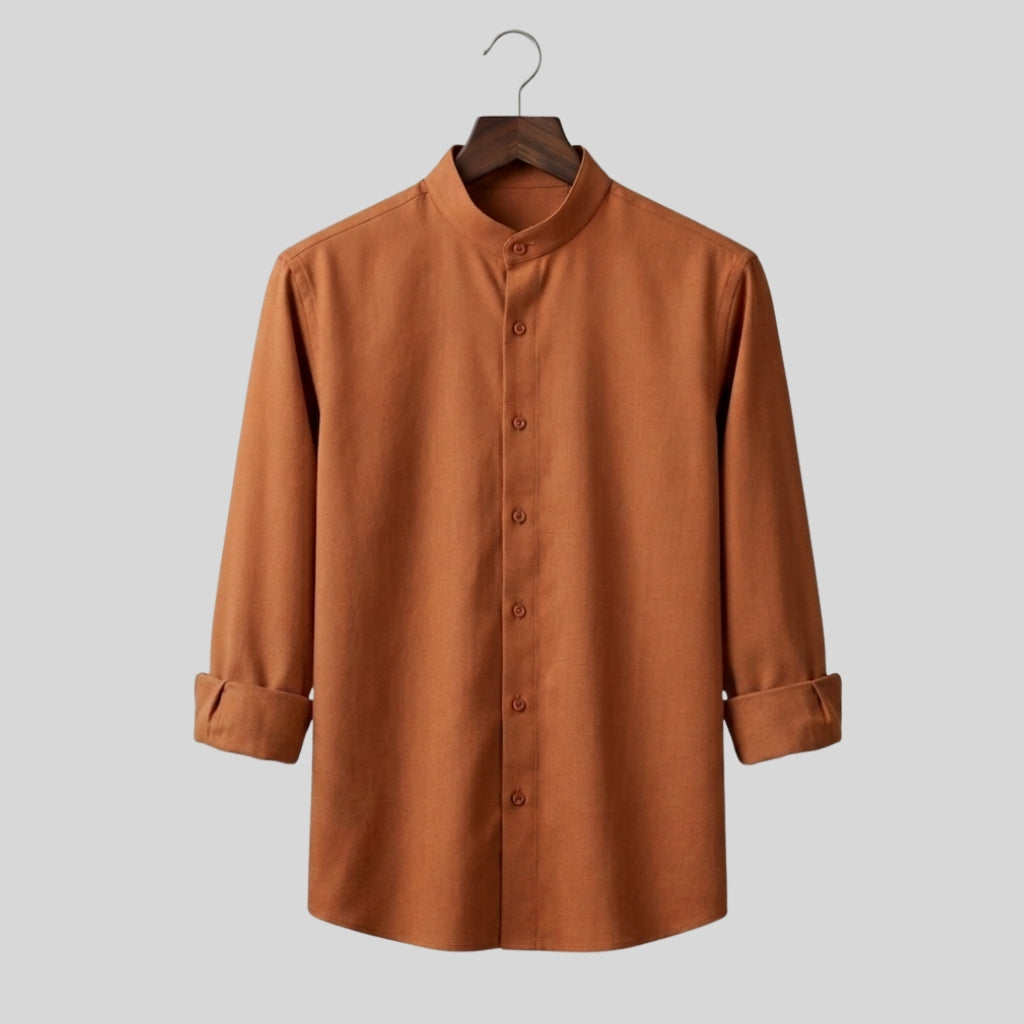 Men's Rust Brown Mandarin Collar Cotton Shirt