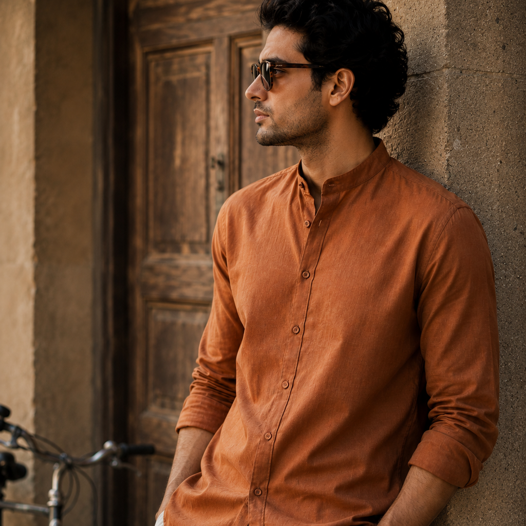 Men's Rust Brown Mandarin Collar Cotton Shirt