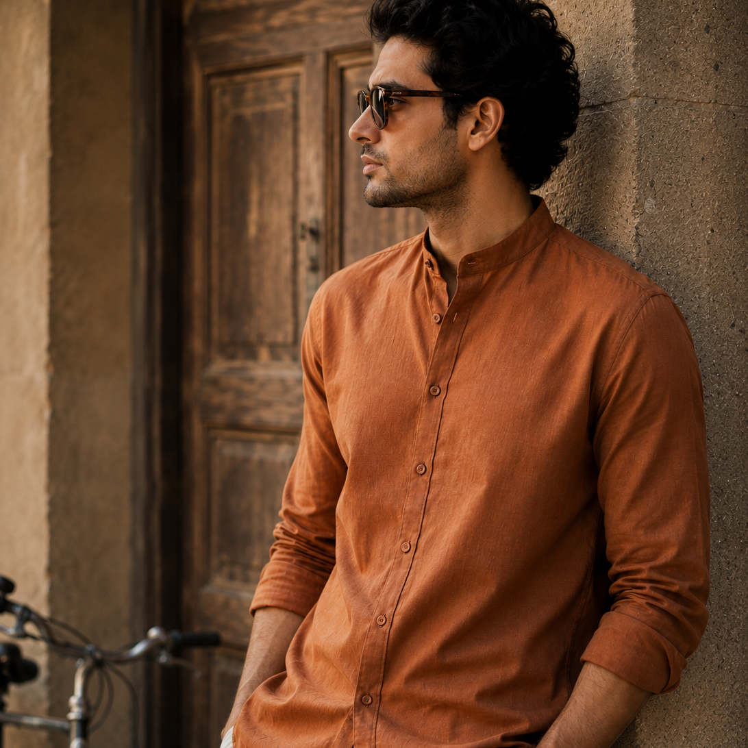Men's Rust Brown Mandarin Collar Cotton Shirt