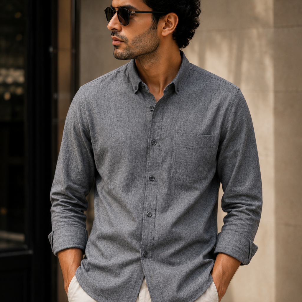 Charcoal Grey Button-Down Collar Cotton Shirt
