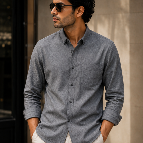 Charcoal Grey Button-Down Collar Cotton Shirt
