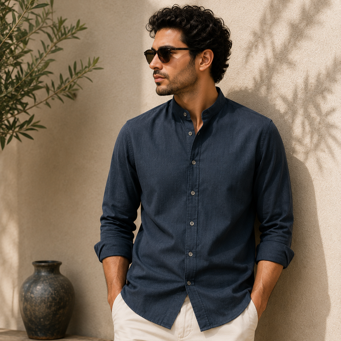 Men's Midnight Navy Mandarin Collar Cotton Shirt
