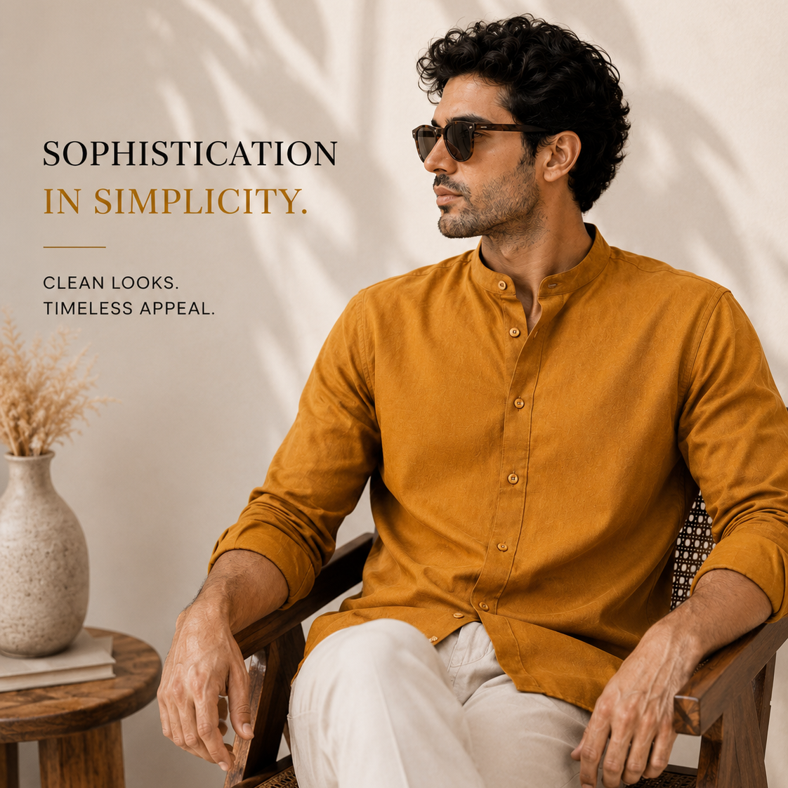 Men's Mustard Yellow Mandarin Collar Cotton Shirt