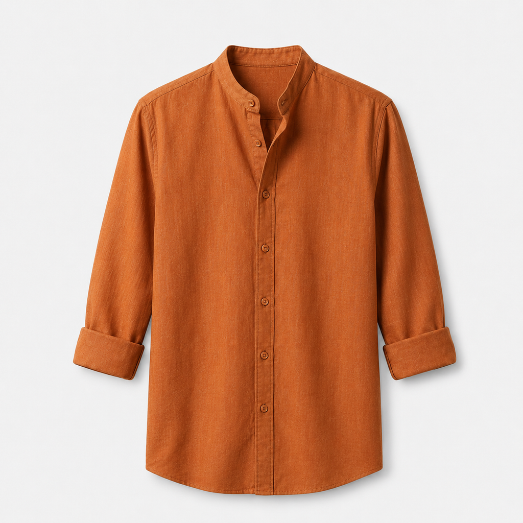 Men's Rust Brown Mandarin Collar Cotton Shirt
