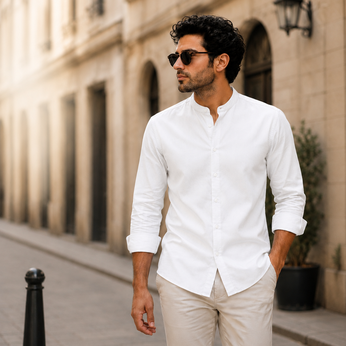 Classic White Mandarin Collar Cotton Shirt